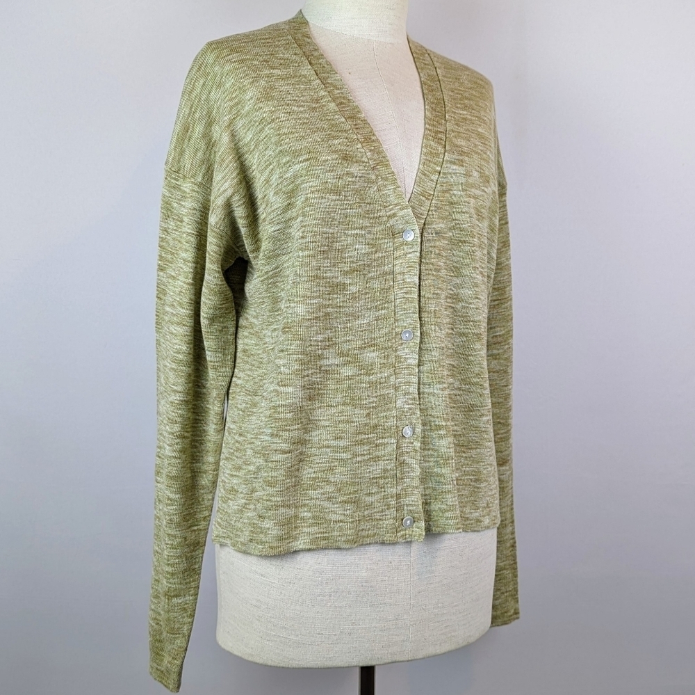 Theory Cardigan Hanalee Button Front Linen Blend Cropped Key Lime Multi L NWT